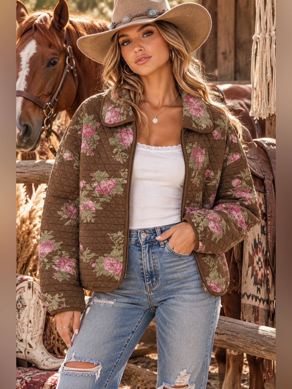 Brown rose quilted zip puffer boho western tapestry patchwork floral jacket coat